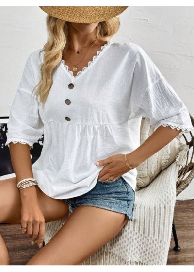 Blusa ondas bordadas/botones madera blanca TG