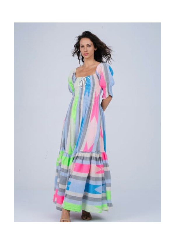 Vestido largo nido abeja etnico fluor azul