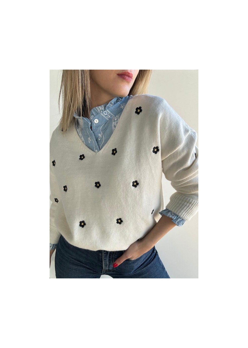 Jersey cuello pico flor