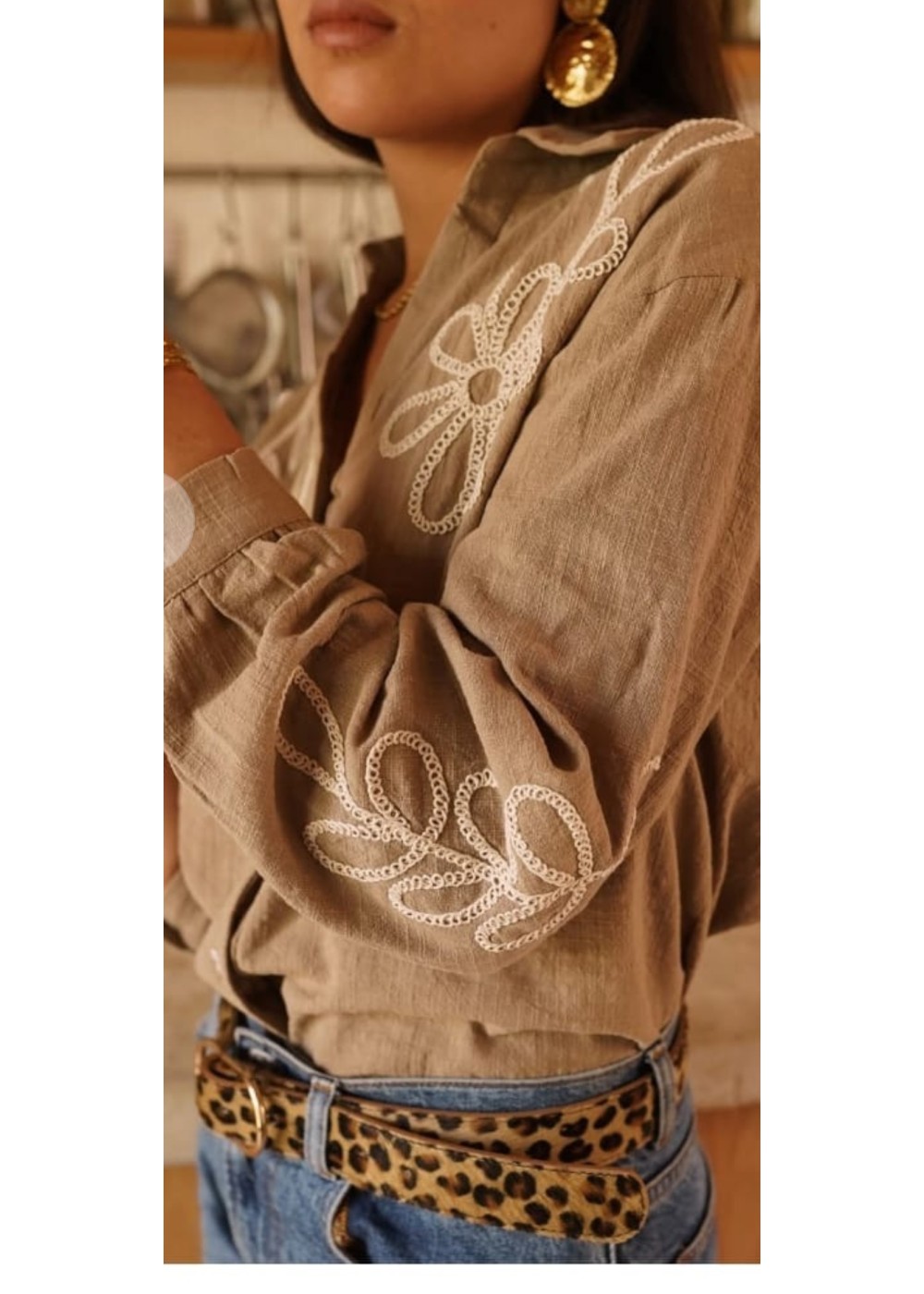 Camisa lino algodón bordada