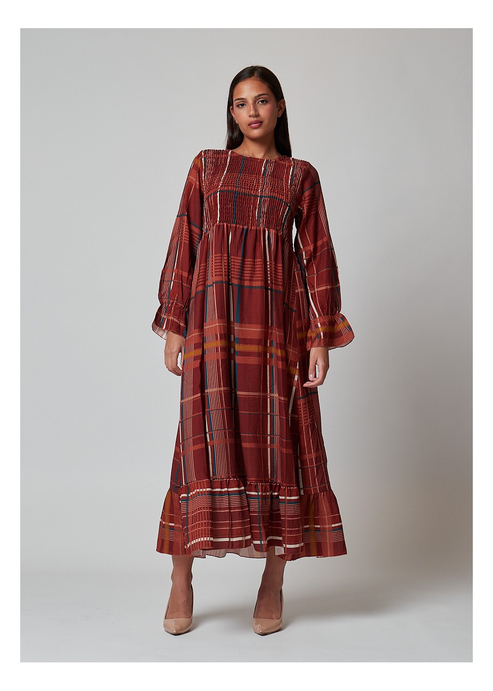 Vestido cuadros cuerpo nido marrón