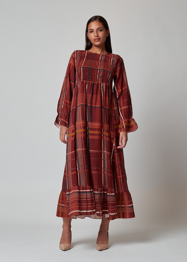 Vestido cuadros cuerpo nido marrón