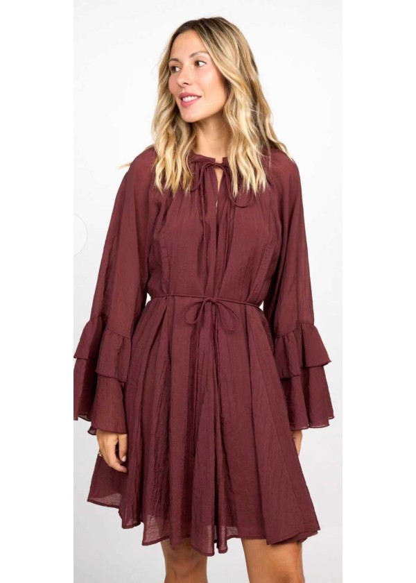 Vestido corto burdeos manga farol