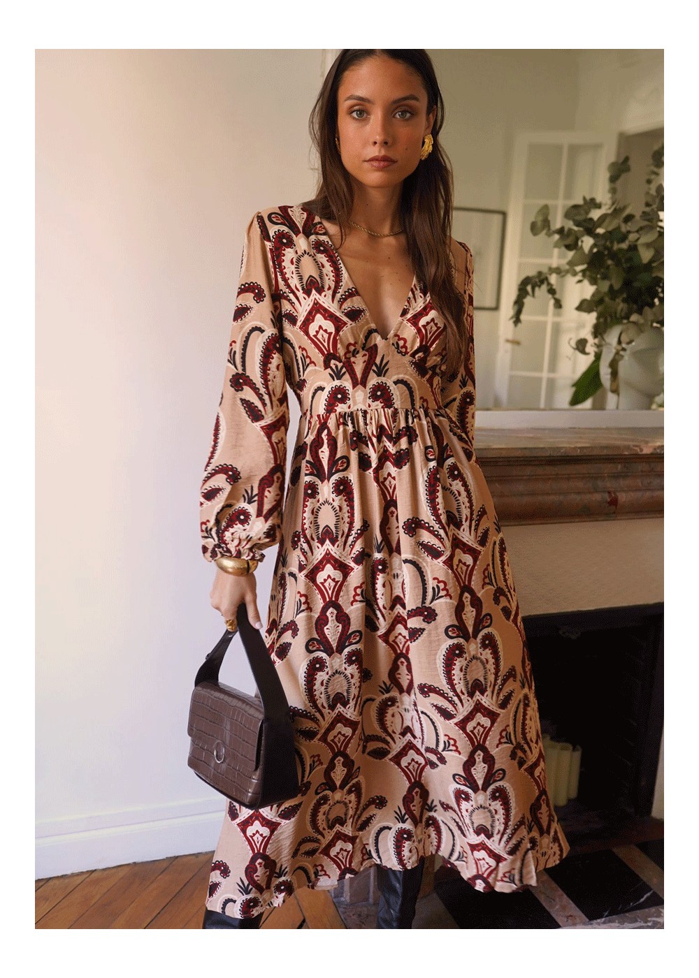 Vestido camel y burdeos  estampado cachemir