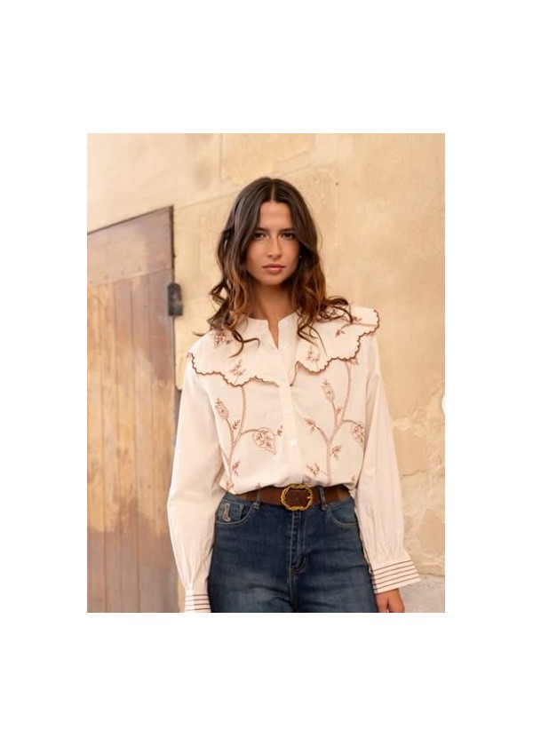 Camisa cuello bebé bordado cámel