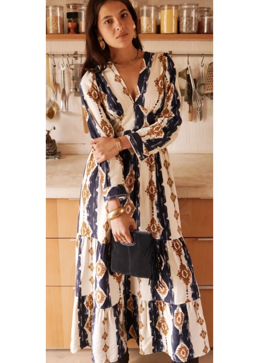 Vestido escote pico manga larga  azul beis