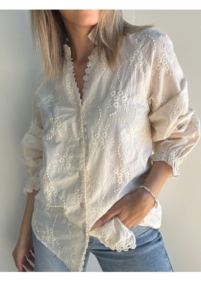 Camisa bordados escote pico beis