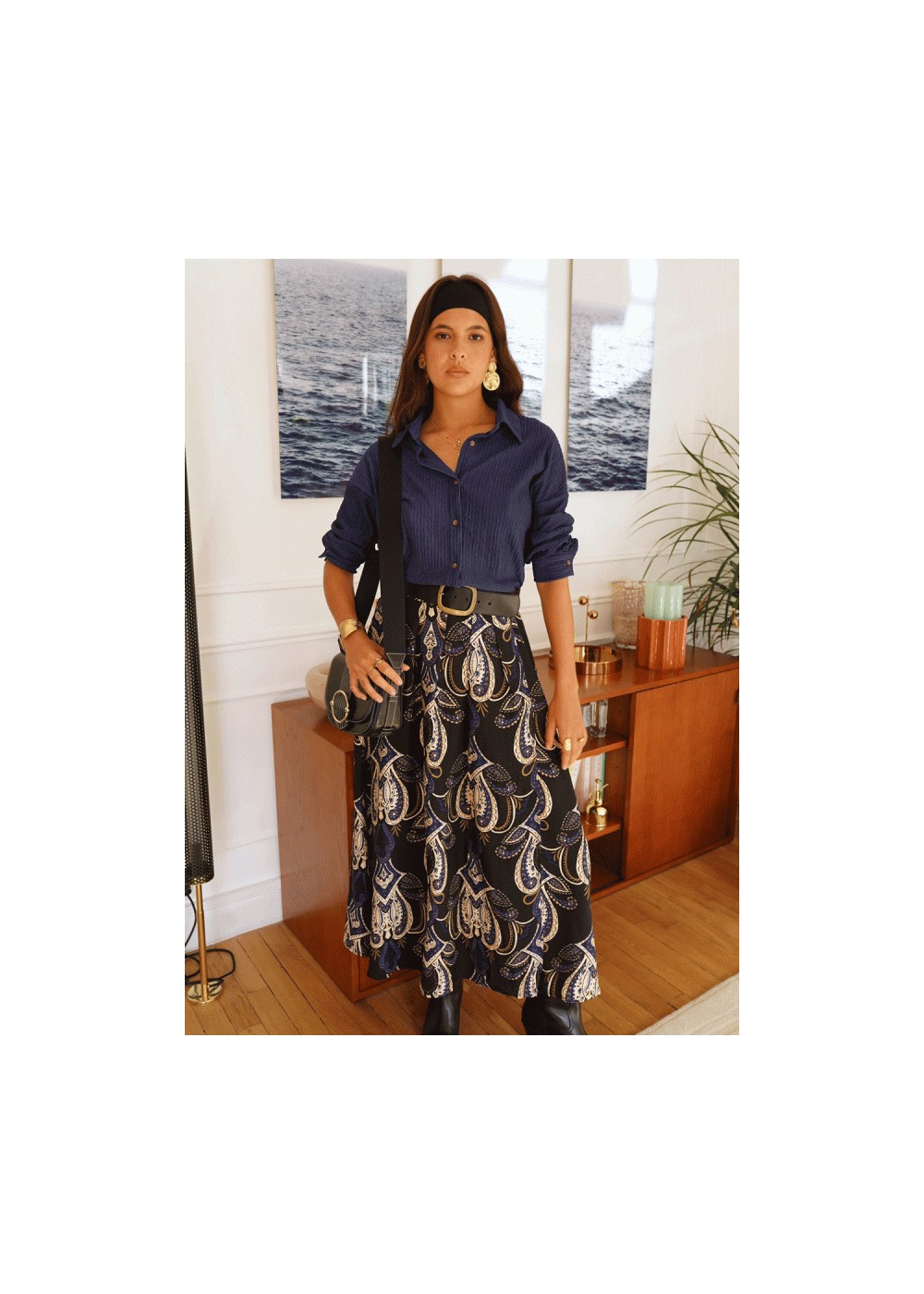 Falda larga abertura azul marino