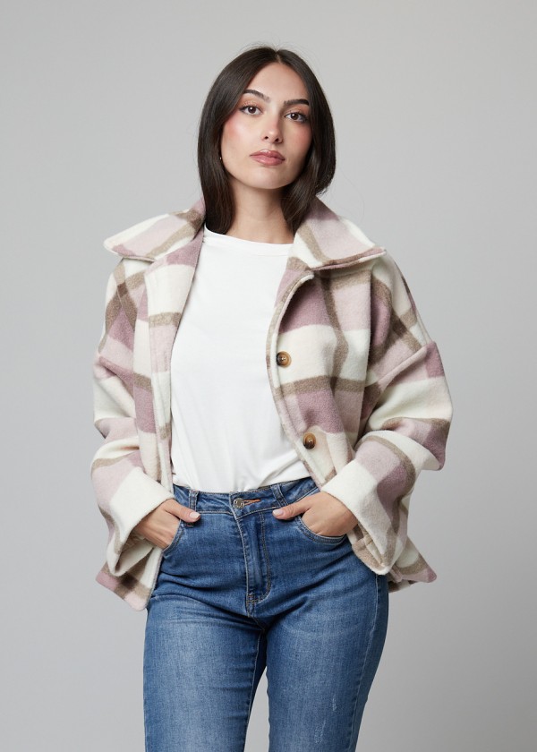 Abrigo corto cuadros bolsillos choco-beis