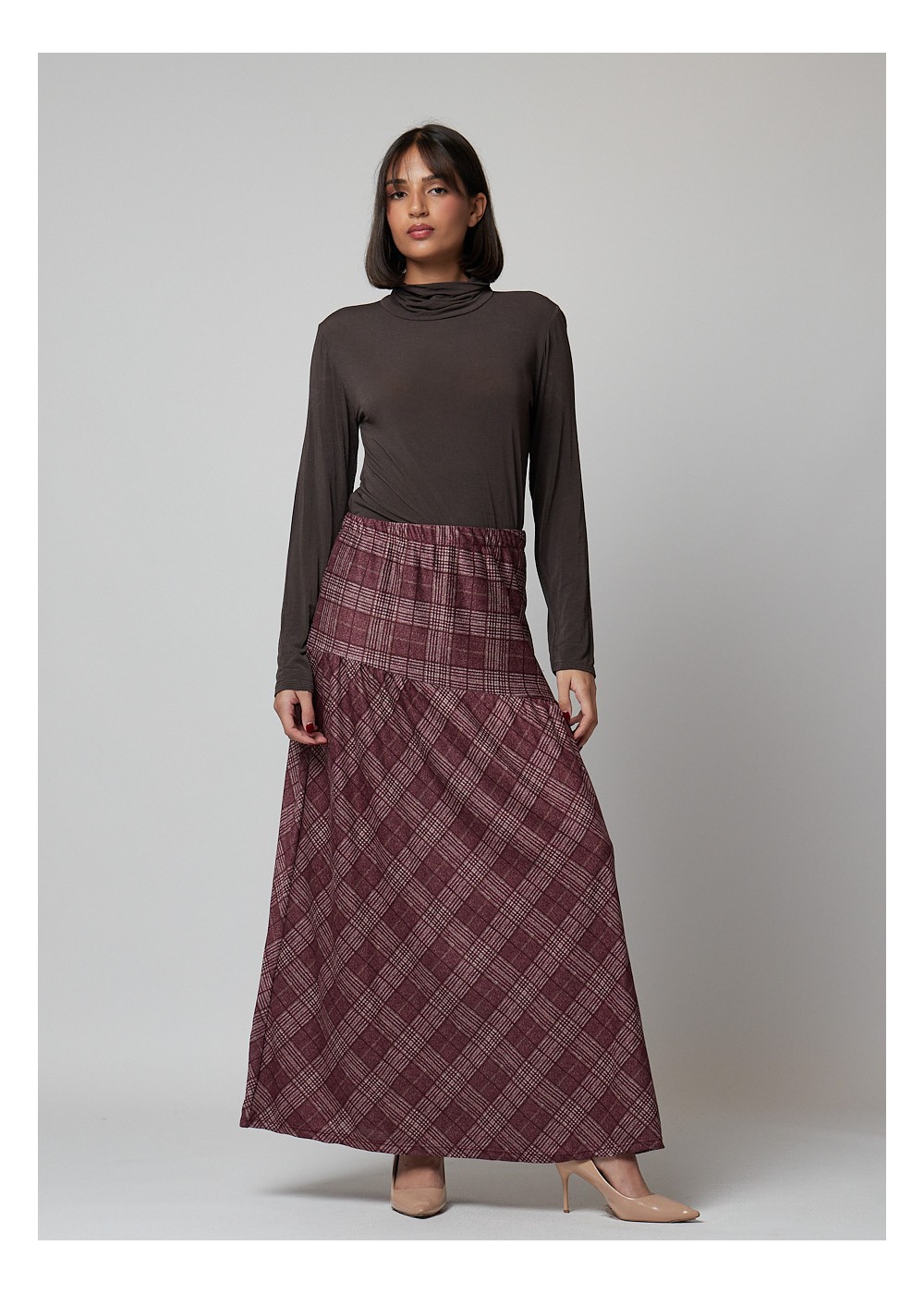 Falda cuadros cintura lateral choco-vino