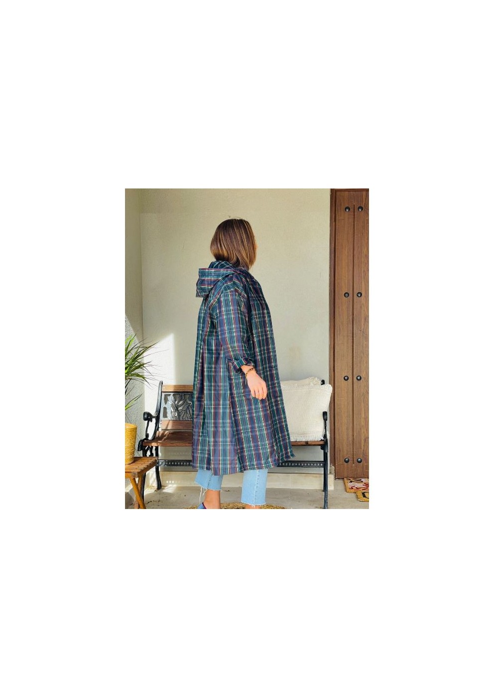 Chuvasquero cuadros largo bolsillos capucha