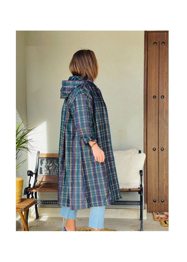 Chuvasquero cuadros largo bolsillos capucha