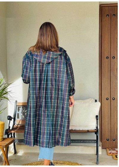 Chuvasquero cuadros largo bolsillos capucha