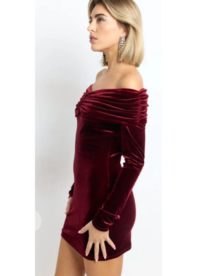 Vestido bardot corto terciopelo/manga larga