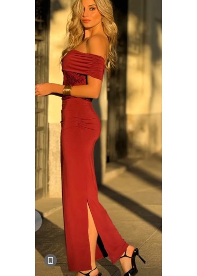 Vestido bardot  largo abertura (brillo cintura)