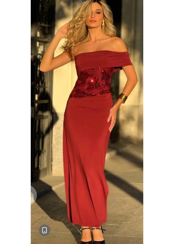 Vestido bardot  largo abertura (brillo cintura)