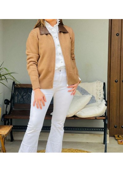 Chaqueta punto cuello ecopiel chocolate