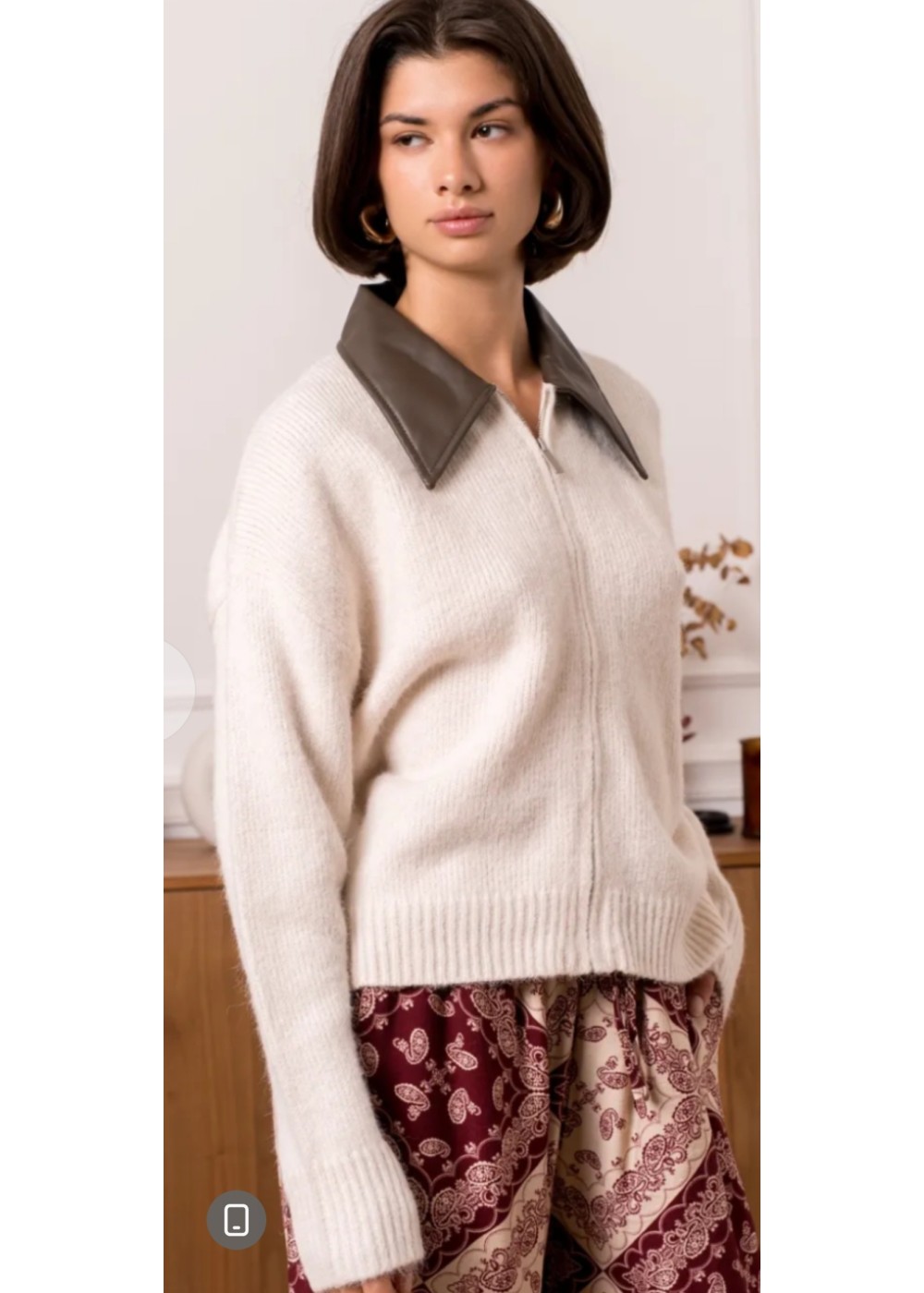 Chaqueta punto cuello ecopiel chocolate