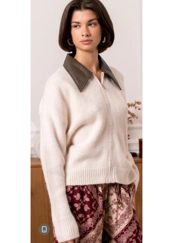 Chaqueta punto cuello ecopiel chocolate