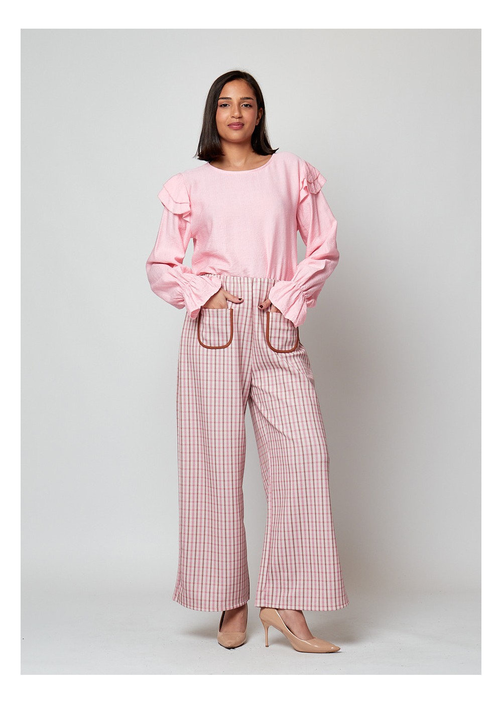 Pantalón cuadros ribete bolsillos cuadros rosa