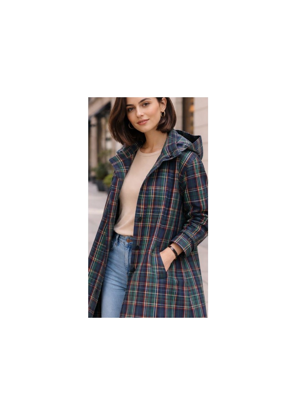 Chuvasquero cuadros largo bolsillos capucha