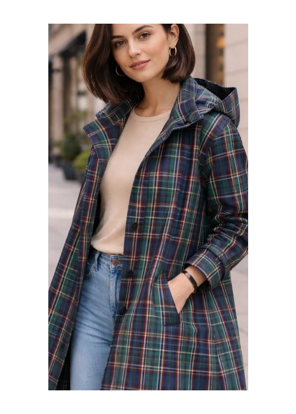 Chuvasquero cuadros largo bolsillos capucha