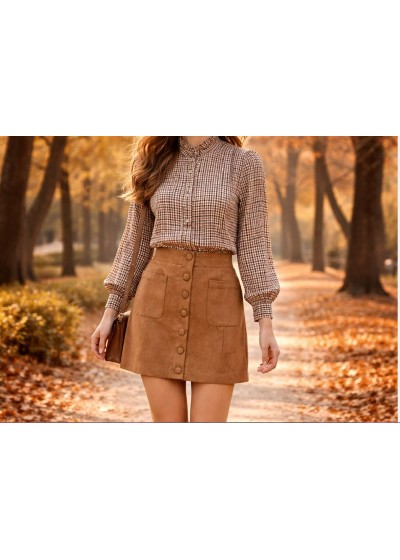 Falda corta bolsillos y botones camel