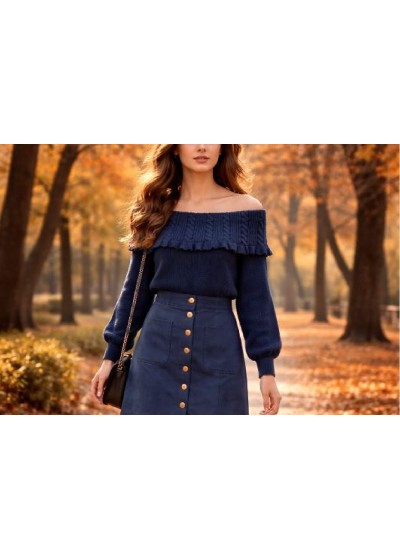 Jersey cuello bardot con cenefa azul marino