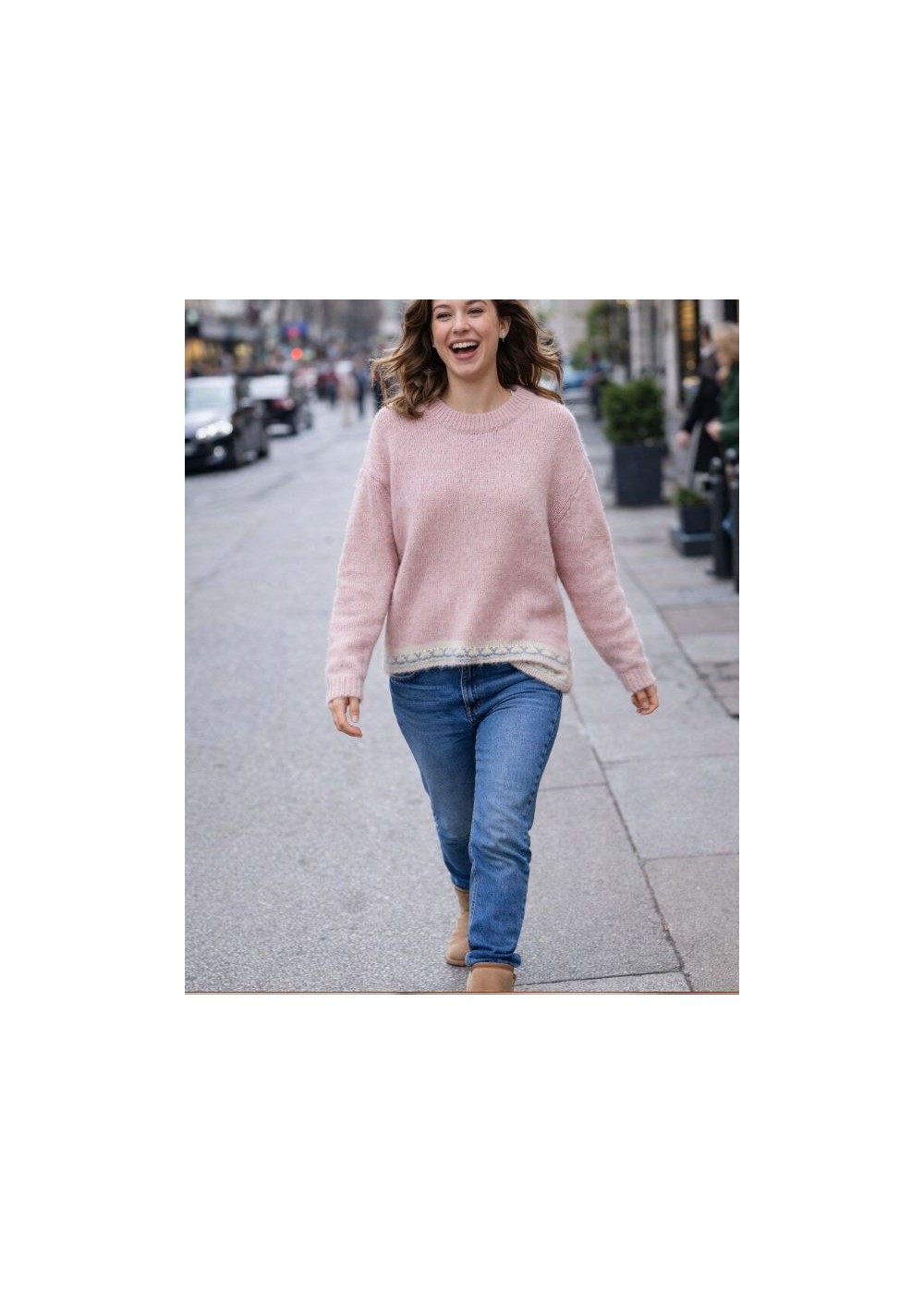 Jersey liso con ribete bajo y puños calados beis-gris