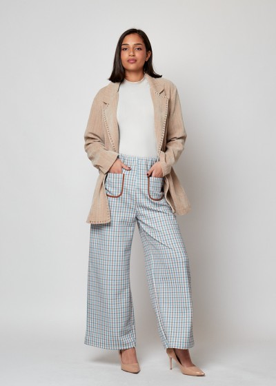 Pantalón cuadros ribete bolsillos cuadros rosa