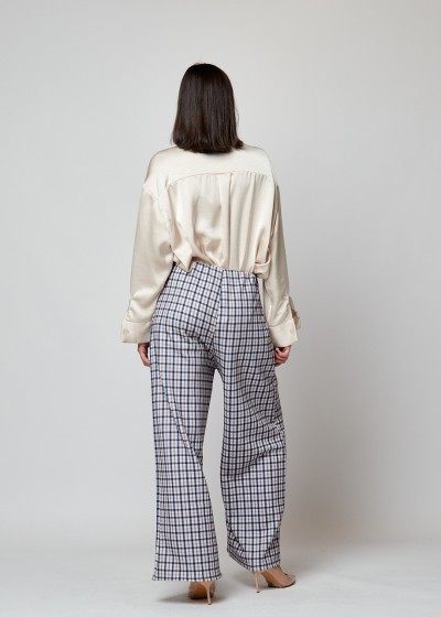 Pantalón cuadros ribete bolsillos cuadros rosa