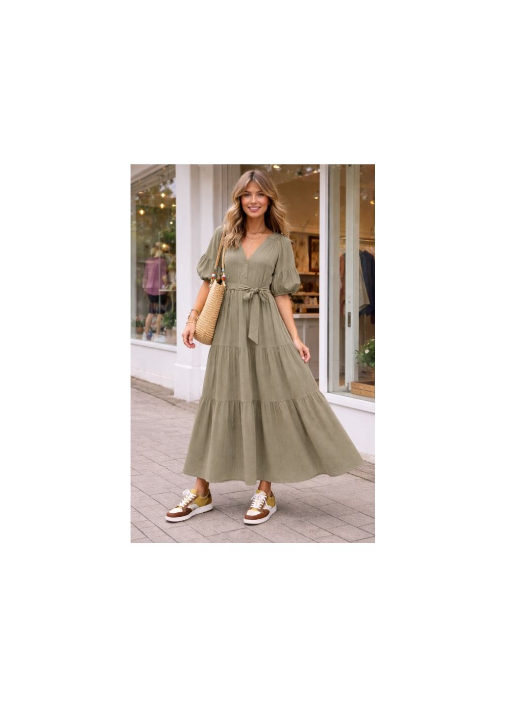 Vestido largo manga abullonada  kaki