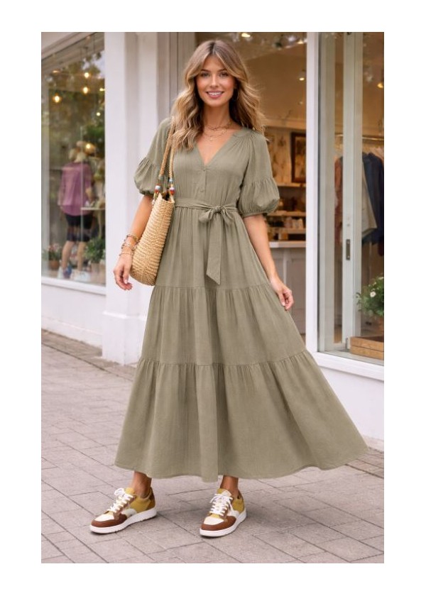 Vestido largo manga abullonada  kaki