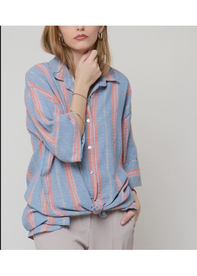 Camisa vaquera larga nudo raya flúor