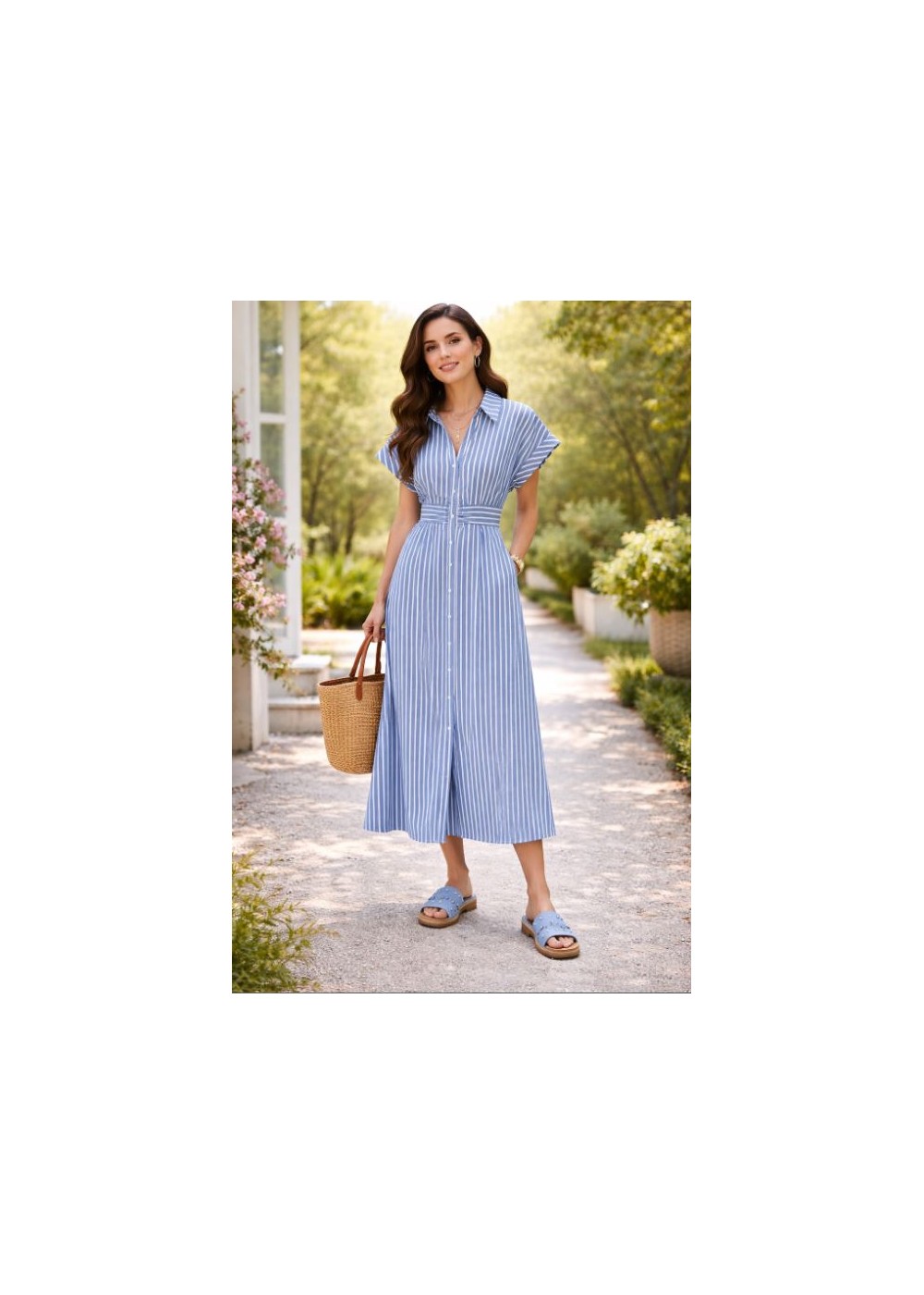 Vestido camisero rayas  abullonado cintura