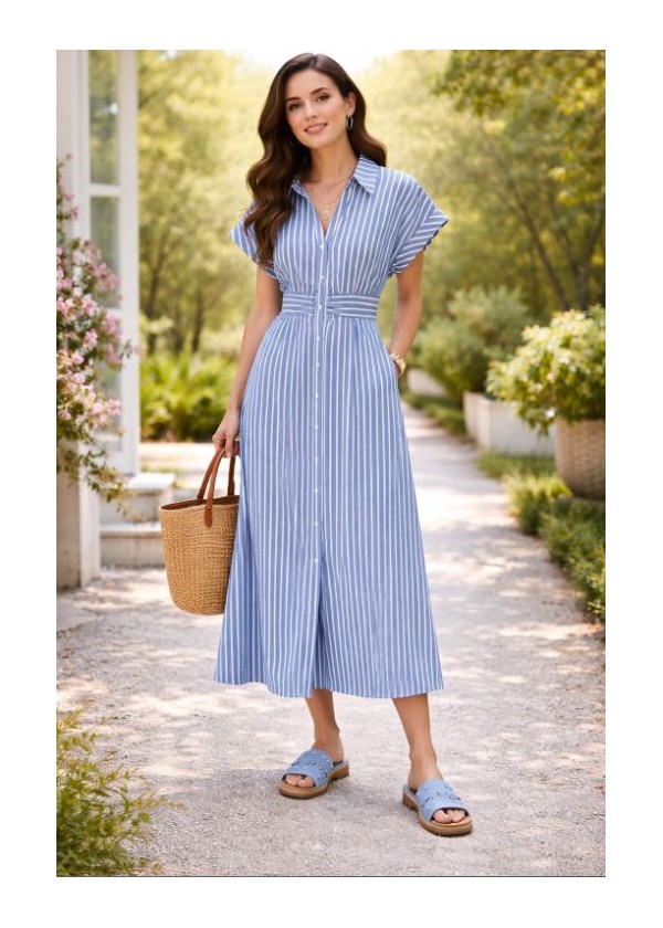 Vestido camisero rayas  abullonado cintura