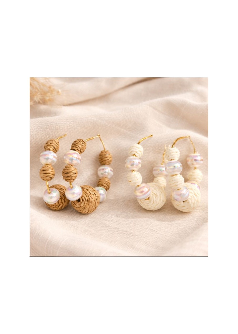 Pendiente aro borlas rafia-acero