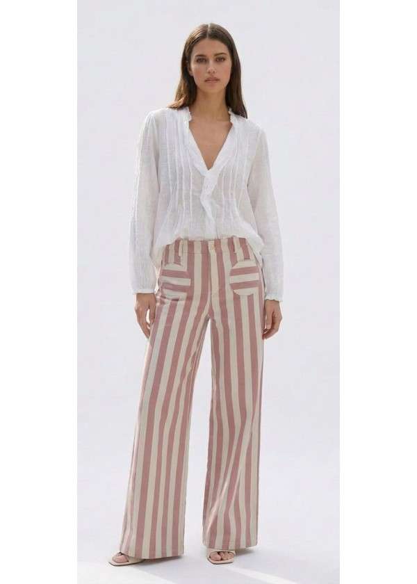 Pantalón raya ancha amarillo bolsillo redondo