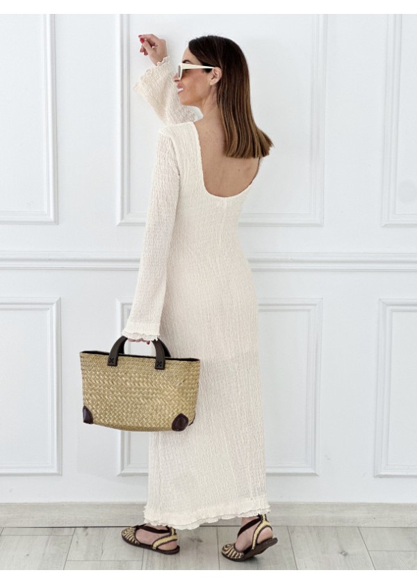 Vestido largo volantes y espalda descubierta beis