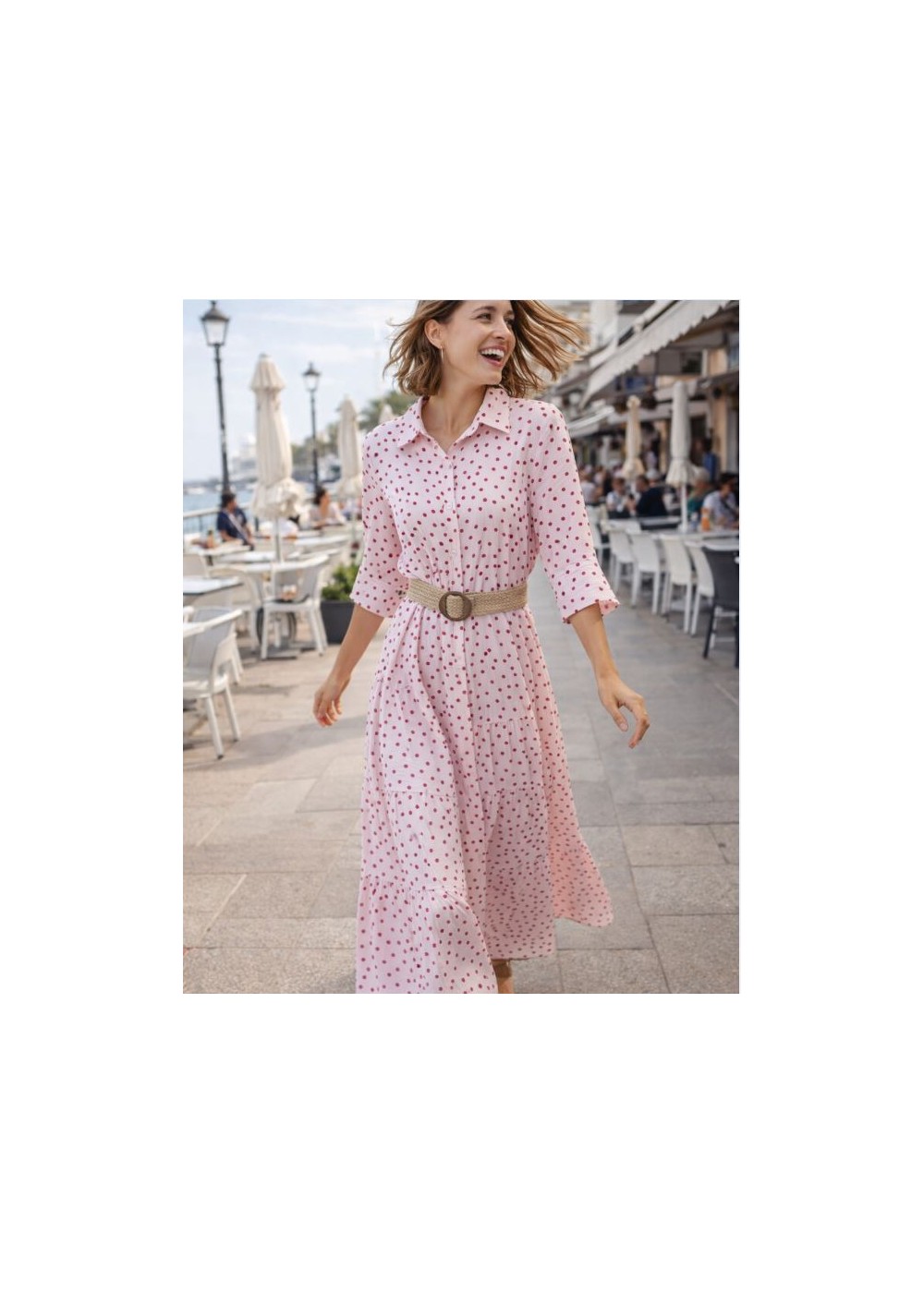 Vestido volantes largo lunares con cinturón