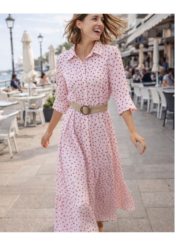Vestido volantes largo lunares con cinturón