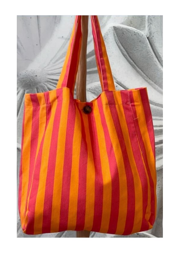 Tote bag rayas  NARANJA FUCXIA (botón y bolsillo)