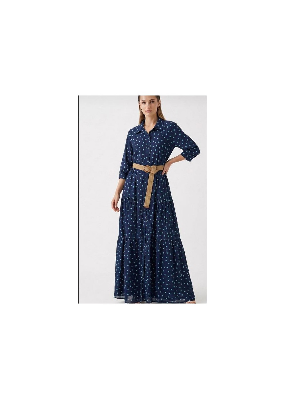 Vestido volantes largo lunares con cinturón