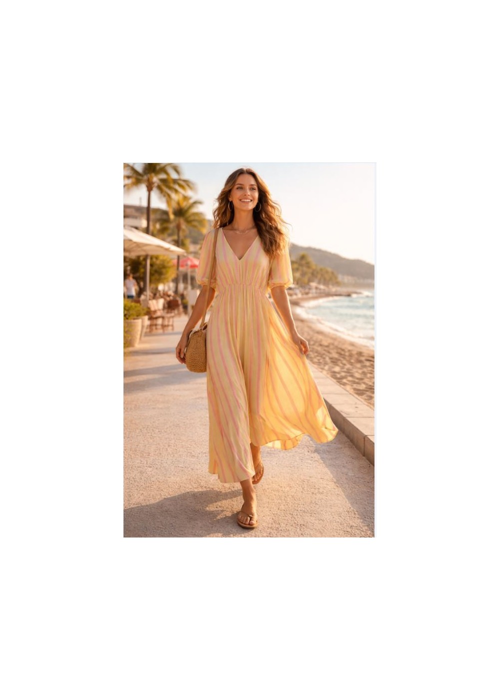 Vestido largo cuello pico manga globo raya color