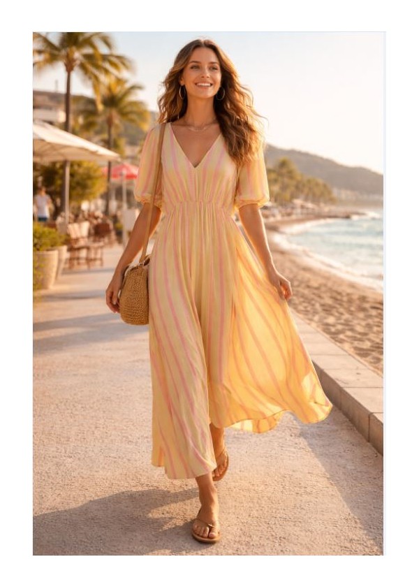 Vestido largo cuello pico manga globo raya color