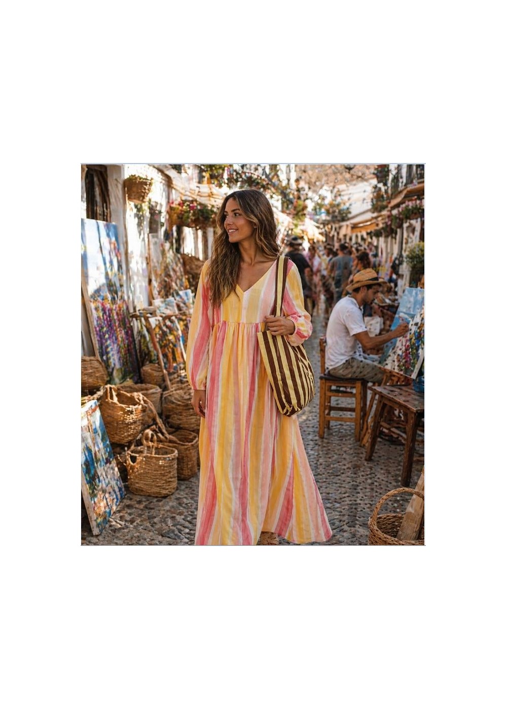 Vestido rayas manga globo amarillo