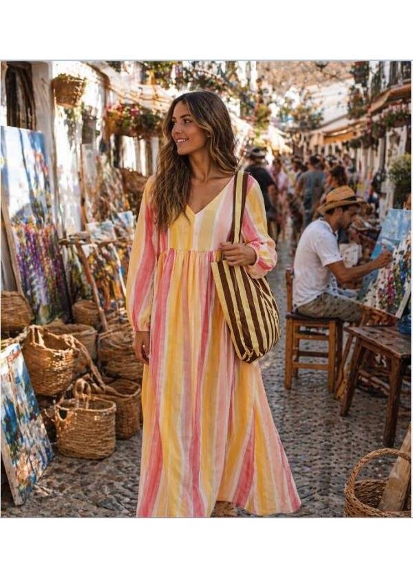 Vestido rayas manga globo amarillo