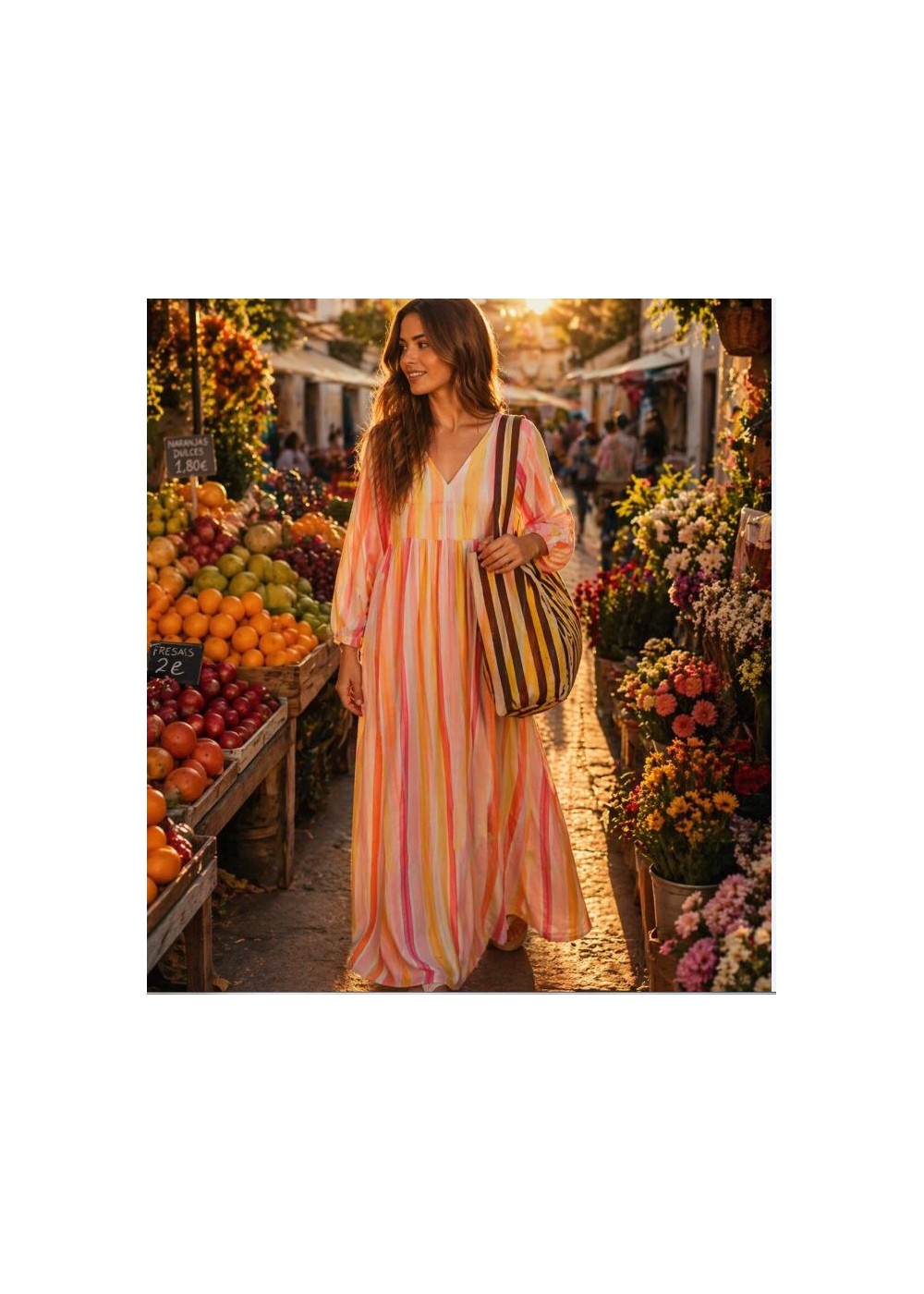 Vestido rayas manga globo naranja