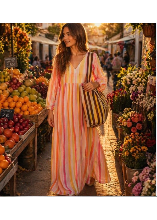 Vestido rayas manga globo naranja