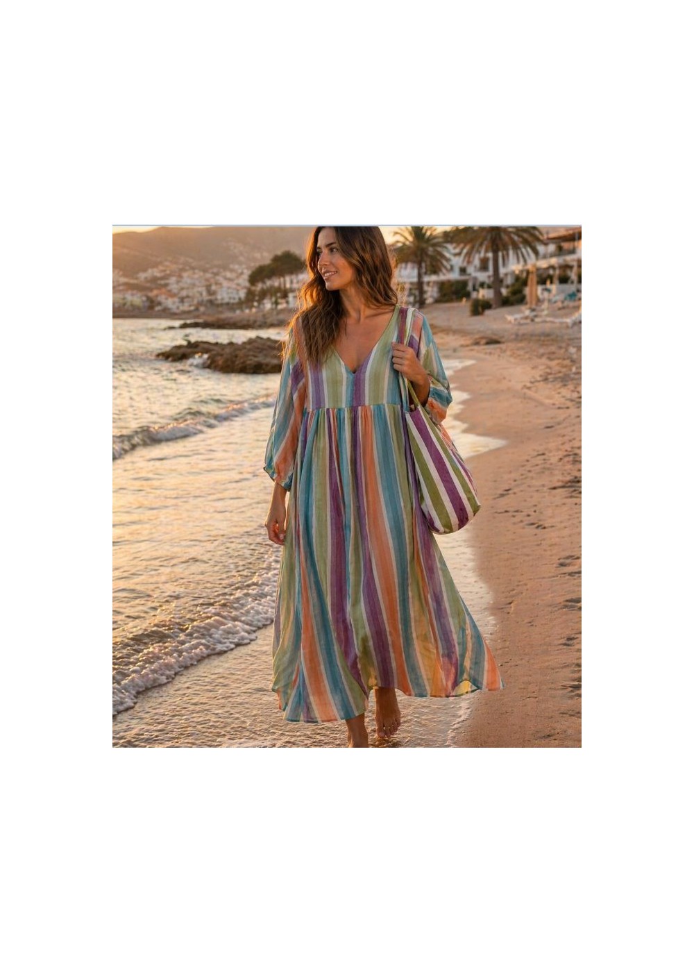 Vestido rayas manga globo azul-verde-naranja